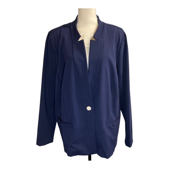Eloquii Premier Blazer Womens 26‎ Navy Blue Jersey Knit One Gold Button Classic - Picture 1 of 9